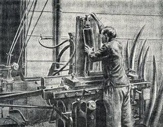 Elfenbeinschnitzer schneidet Elefantenstoßzähne, Gravur aus "Exkursion durch die Berufe" von Pierre Calmette, Privatsammlung