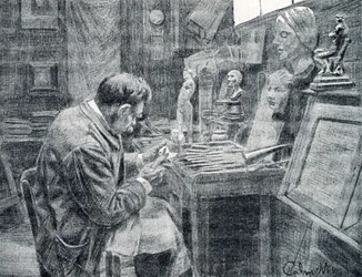 Elfenbeinarbeiter schnitzt Elfenbein mit Meißeln, Schabern und Hohlbeiteln, Gravur aus „Excursion à travers les métiers“ von Pierre Calmette, Privatsammlung