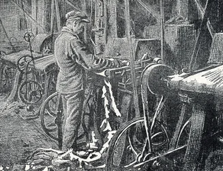 Lederindustrie: Mechanisches Mähen von Fellen, Gravur aus "Exkursion durch die Berufe" von Pierre Calmette, Privatsammlung