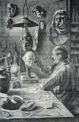 Herstellung von Theater- und Verkleidungsmasken, Gravur aus „Excursion à travers les métiers“ von Pierre Calmette, Privatsammlung