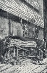 Requisiteure: Bühnenbilder vor der Aufführung aufstellen. Gravur aus „Excursion à travers les métiers“ von Pierre Calmette. Private Sammlung