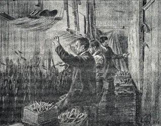 Wandteppich von Aubusson: Die Polsterer arbeiten kopfüber, Gravur aus „Excursion à travers les métiers“ von Pierre Calmette, Privatsammlung