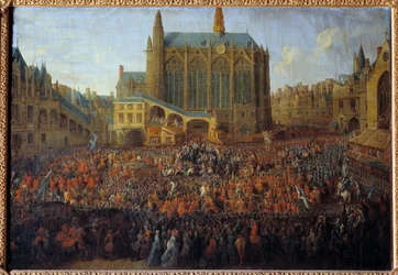 Abreise von Ludwig XV. nach dem Bett der Gerechtigkeit, das das Testament von Ludwig XIV. bricht, gehalten in der Großen Kammer des Parlaments von Paris