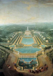 Perspektivische Ansicht des Schlosses von Marly, König Ludwig XV. (1710-1774) als Kind in einer Kutsche vor dem Wasserbecken. Gemälde von Pierre Denis Martin (1663-1742) 1724