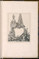 Kartusche mit Trophäen, einer Statue und einer Pyramide