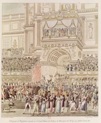 Der Kaiser und die Kaiserin empfangen die Huldigung der französischen Truppen vom Balkon der Tuilerien anlässlich ihrer Hochzeit, graviert von Charles Pierre Joseph Normand (1765-1840)
