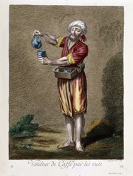 Kaffeeverkäufer auf den Straßen, „Sammlung von 100 Drucken, die verschiedene Nationen der Levante in den Jahren 1707 und 1708 darstellen“, auf Anordnung von M. de Ferriol, Botschafter des Königs bei der Pforte, und 1712-13 durch die Sorge von M. Le Hay