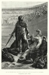 Der König trennt den Kopf des Löwen und des Stiers von den Schultern (Gravur)