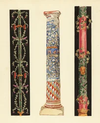 Dekorative Kandelaber im vierten pompejanischen Stil und Säule aus Emailmosaik, Pompeji