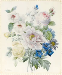 Ein Blumenstrauß mit einer Pfingstrose, Rosen, Hibiskus, Astern, Enzian und einem imaginären blauen Schmetterling