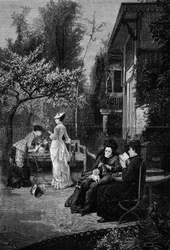 Pfirsichblüten (19. Jahrhundert). Gravur nach dem Gemälde von Pierre Beyle (1838-1902). In „Die illustrierte Welt“ Nr. 1250 vom 12. März