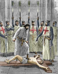 Häresie der Templer: Darstellung einer Zeremonie des Eintritts eines Ritters in den Orden des Tempels, wobei der Templer, gemäß den nach ihrer Verhaftung und ihrem Prozess im Jahr 1307 veröffentlichten Geständnissen, gezwungen wurde, Christus zu verleugnen