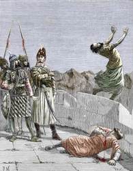 Die östliche ismailitische Sekte oder die von Hassan ibn al-Sabbah (1036-1124), bekannt als der Alte vom Berge, gegründeten Mörder: Darstellung, wie er zwei seiner fanatischen Anhänger anweist, sich selbst zu töten, Alamut, Persien, um 1096