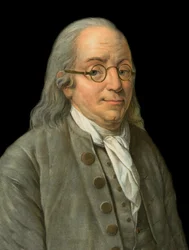Porträt von Benjamin Franklin (1706-1790), amerikanischer Drucker, Verleger, Wissenschaftler, Erfinder, Staatsmann und Diplomat, Physiker, Philosoph und Politiker - Stich von Pierre Michel Alix
