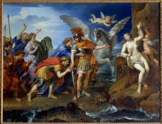 Perseus befreit Andromeda. Andromeda, an einen Felsen gekettet, wird von Perseus befreit und rettet das Meeresungeheuer. Gemälde von Pierre Mignard (1612-1695) 17. Jahrhundert
