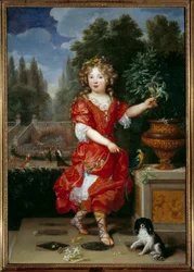 Ganzkörperporträt von Mademoiselle de Blois (1666-1739) Marie Anne de Bourbon, Tochter von Ludwig XIV. und Mademoiselle de la Valliere, zukünftige Prinzessin von Conti Gemälde von Pierre Mignard (1612-1695) 17. Jahrhundert