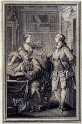 Eine geizige Frau, galanter Krok - in „Tales et nouvelles en vers“ von Jean La Fontaine. 1776. Illustration von P.P. Choffard