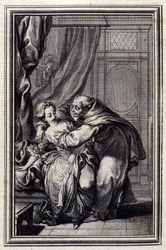Wie der Geist zu den Mädchen kommt. In „Erzählungen und neue Verse“ von Jean La Fontaine. 1776. Illustration von P.P. Choffard.