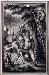 La Gageure des trois commeres - in „Tales et nouvelles en vers“ von Jean La Fontaine. 1776. Illustration von P.P. Choffard