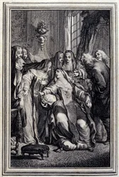 Die kranke Äbtissin - in „Tales et nouvelles en vers“ von Jean La Fontaine. 1776. Illustration von P.P. Choffard