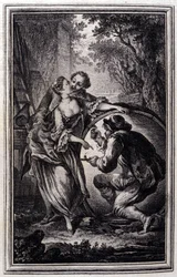 Der Bottich - in „Tales et nouvelles en vers“ von Jean La Fontaine. 1776. Illustration von P.P. Choffard.