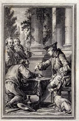 Geschichte eines Bauern, der seinen Herrn beleidigt hatte - in „Tales and news in verse“ von Jean La Fontaine. 1776. Illustration von P.P. Choffard