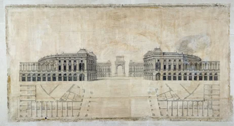 Architektur: „Projekt des Place Royale für Marseille, Perspektive auf den Hafen und Grundriss“ 1686