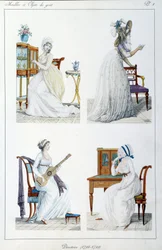 Porträts von Frauen der Zeit des Exekutivdirektoriums, die sich mit verschiedenen künstlerischen und sozialen Aktivitäten beschäftigen. Platte aus der Sammlung „Collection de meubles et objets de taste“ von Pierre de la Mésangère (1761-1831). 1802. Paris, 