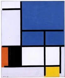 Komposition mit großer blauer Fläche, Rot, Schwarz, Gelb und Grau