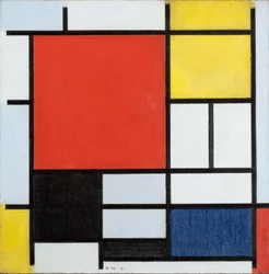 Komposition mit großer roter Fläche, gelb, schwarz, grau und blau