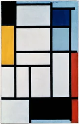 Komposition mit Rot, Schwarz, Gelb, Blau und Grau