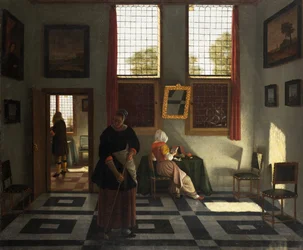 Innenraum mit Maler, lesender Frau und kehrender Magd, ca. 1665-70