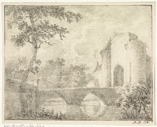 Burg mit Brücke in einer Landschaft