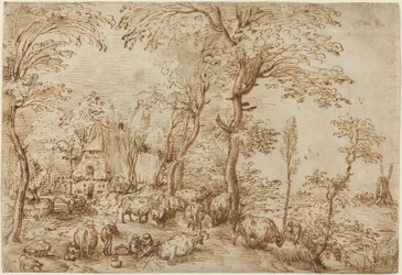 Bauern und Vieh in der Nähe eines Bauernhauses