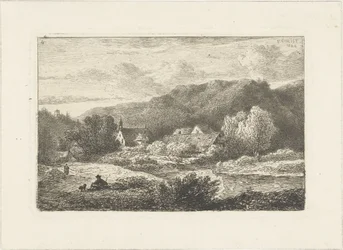 Hügellandschaft mit Kirche und Häusern