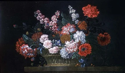 Stillleben mit Nelken, Levkojen, Pfingstrosen, Winden und anderen Blumen in einem Korb auf einem Stein Sims