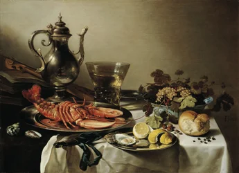 Tisch mit Hummer, Silberkrug, großem Berkemeyer, Obstschale, Geige und Büchern, 1641