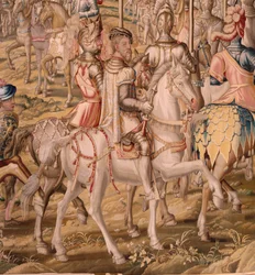 Flämischer Wandteppich. Serie Die Eroberung von Tunis; Truppenbesichtigung in Barcelona. Zweiter Wandteppich in der Serie. Modell Jan Vermeyen und Pieter Coecke van Aelst. 1543-1548. Herstellung Real Fábrica de Tapices de Sant