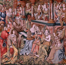 Flämischer Wandteppich. Serie Die Ehren. Tugend. Achter Wandteppich der Serie. Modell Zeichner aus dem Kreis von Bernard van Orley und Jan Gossaert. Herstellung Pieter van Aelst, Brüssel. Ca. 1550