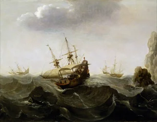 Ein Boot in einem stürmischen Meer, mit Booten, die vor dem Sturm fliehen, und rechts ragen Felsen aus dem Wasser. Öl auf Holz, um 1620, von Cornelisz Verbeecq (1590-1637)