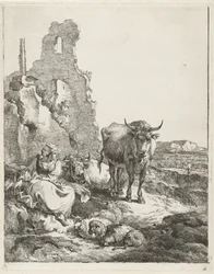 Landschaft mit stehender und liegender Kuh und Schäferin vor einer Ruine