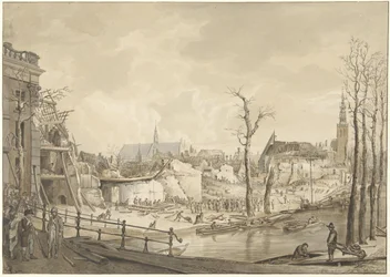 Ruinen auf der Nordseite des Steenschuur nach der Pulverexplosion in Leiden, 12. Januar 1807