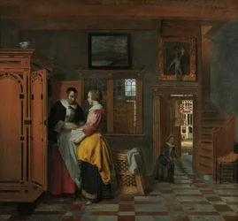 Innenraum mit Frauen neben einer Wäschetruhe, 1663