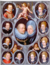 Herzog Friedrich I. (1557-1608) (r. 1593-1608) und Herzogin von Württemberg Sibylla mit zehn ihrer Kinder