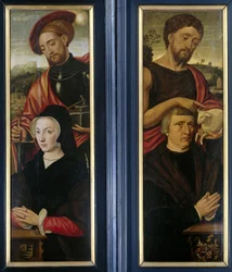 Porträts von Stiftern mit den Heiligen Adrian und Johannes dem Täufer