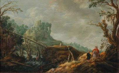 Flusslandschaft mit Holzbrücke und Ruine