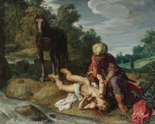 Der barmherzige Samariter, der die Wunden des Reisenden versorgt (Lukas 10:25-37)