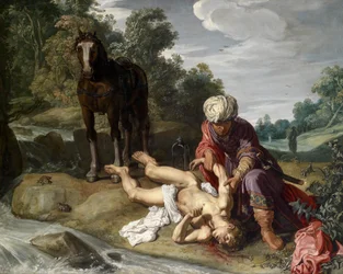 Der barmherzige Samariter, der die Wunden des Reisenden versorgt (Lukas 10:25-37)