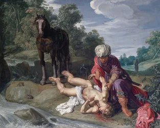 Der barmherzige Samariter, der die Wunden des Reisenden versorgt (Lukas 10:25-37)
