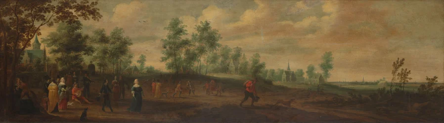 Landschaft mit einem tanzenden Paar vor einem Landhaus